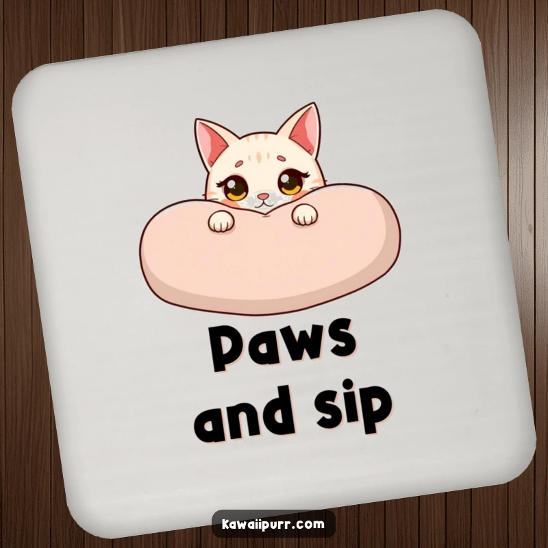 Funny cat coaster with an innocent cat peeking from behind a cushion, offering stylish and humorous protection for drink surfaces.