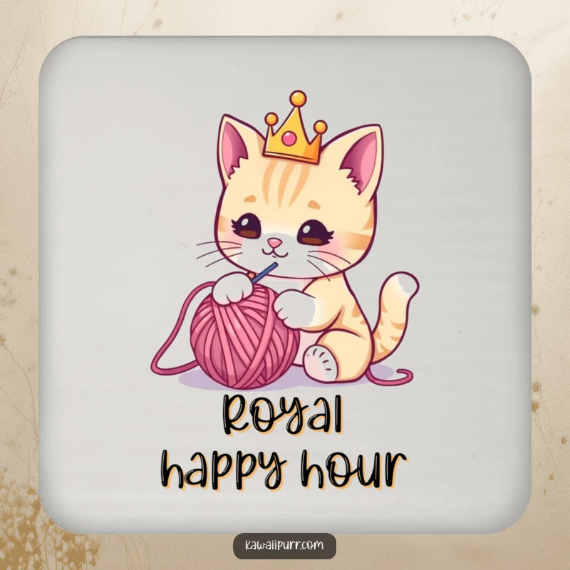 Funny drink coaster with a kawaii cat wearing a crown, playfully batting at a yarn ball, adding a humorous regal touch.