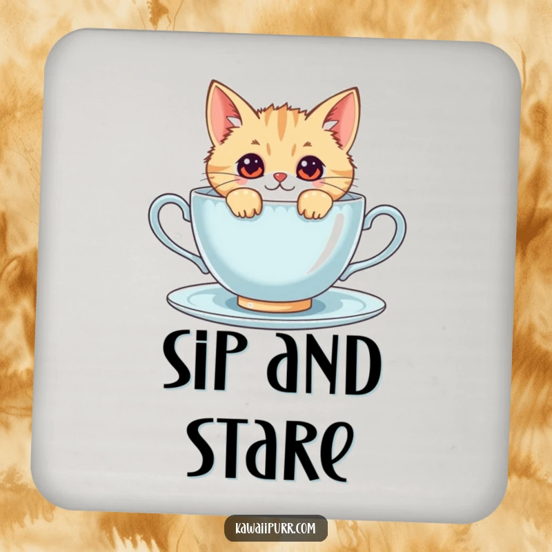 Funny kawaii cat peeking from behind a large teacup, a charming and protective drink coaster.