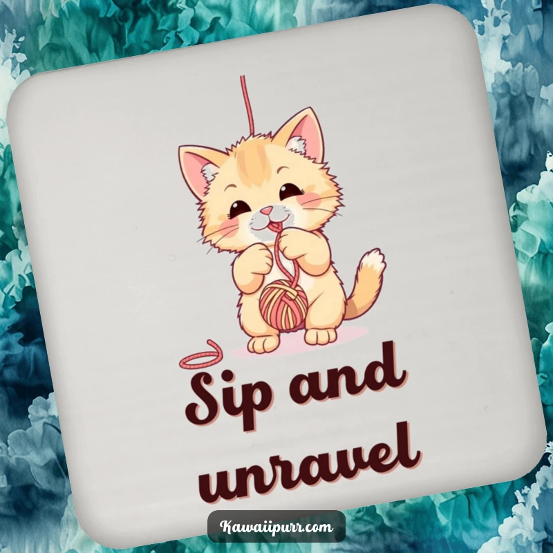 Funny fuzzy cat drink coaster, depicted mid-bat with a ball of yarn, protecting surfaces with playful charm.