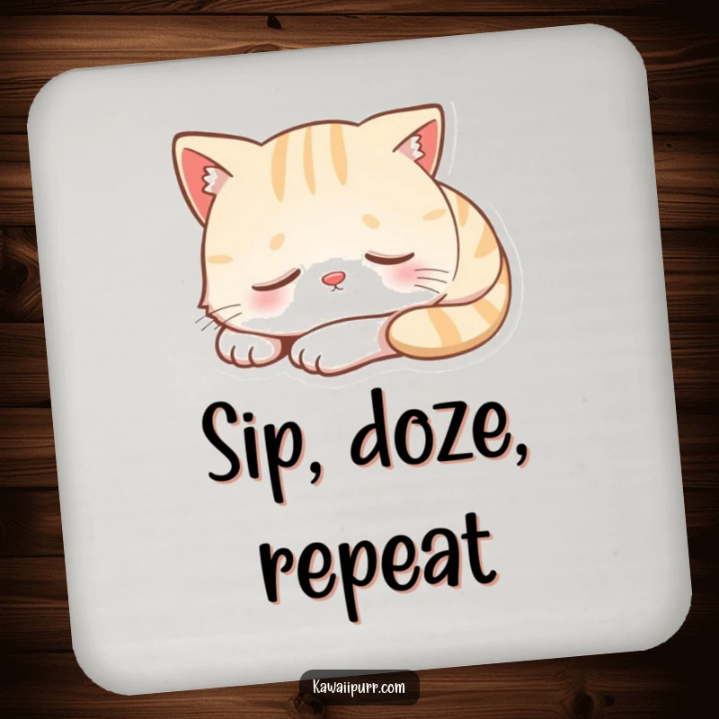 Funny drink coaster with a cartoon cat character peacefully napping, wearing a small, contented smile.