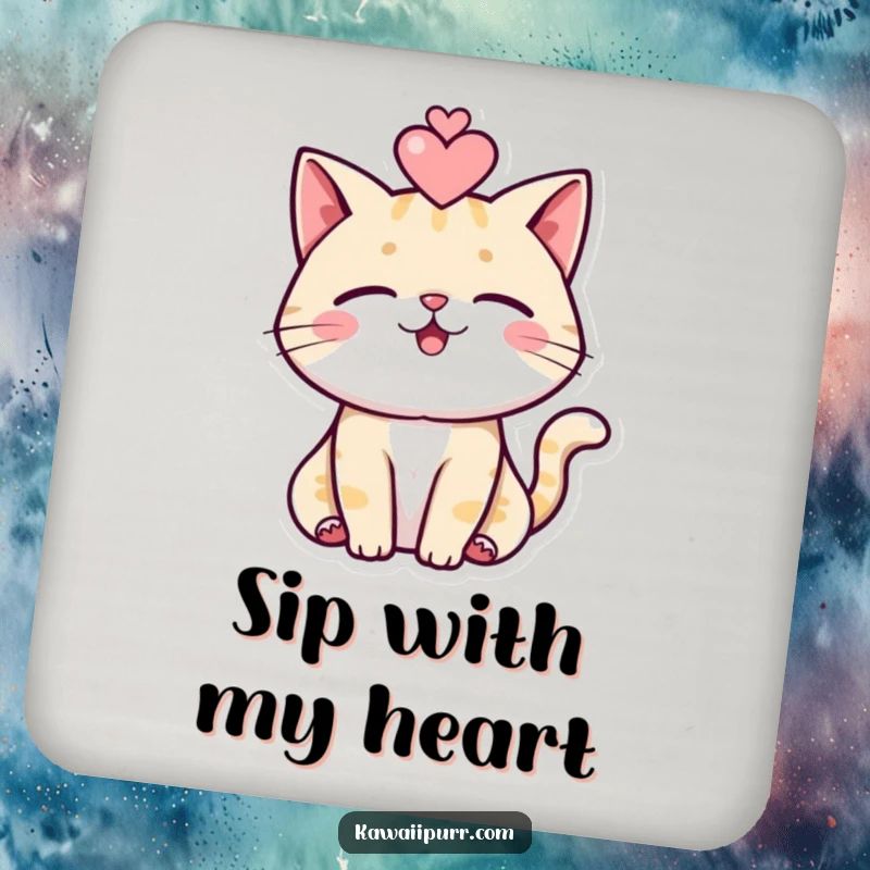 Funny cat coasters with a purring cat and heart design to protect tables from drink rings.