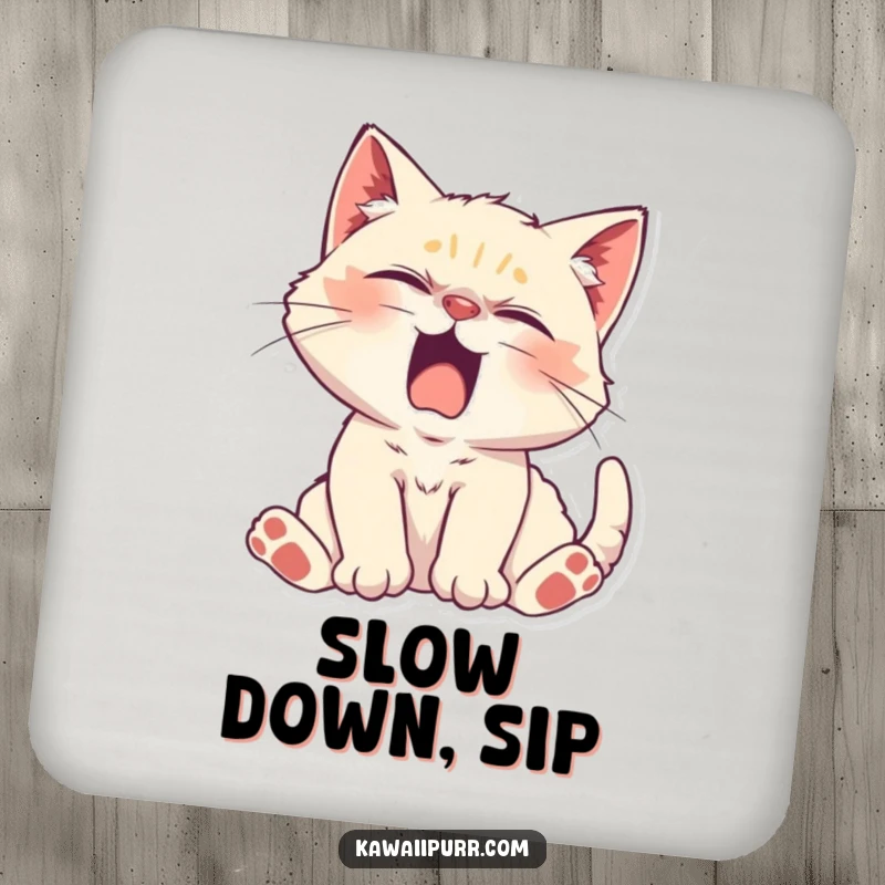 Funny Kitten Character stretching lazily with a yawn on a drink coaster, adding sleepy humor and relaxed charm.