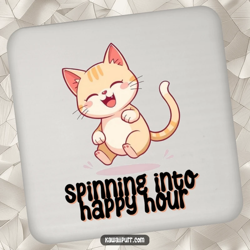 Funny cat coaster showing a character joyfully chasing its tail in a dizzying, blurred circle.