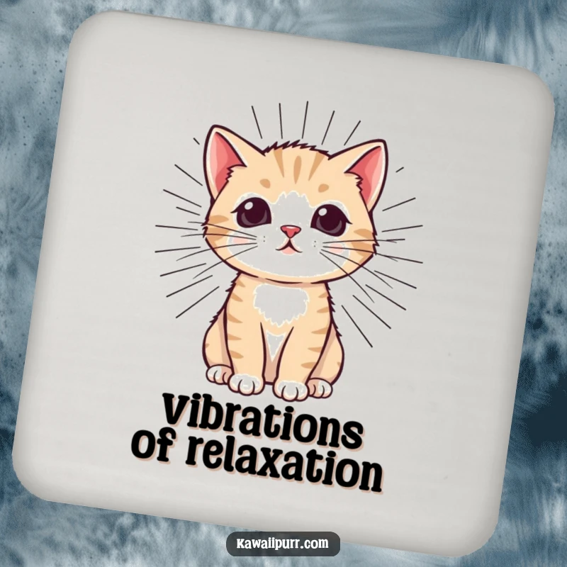 Funny Kitten Purr Drink Coasters featuring a happy cat with radiating purr lines, protecting surfaces with feline humor.