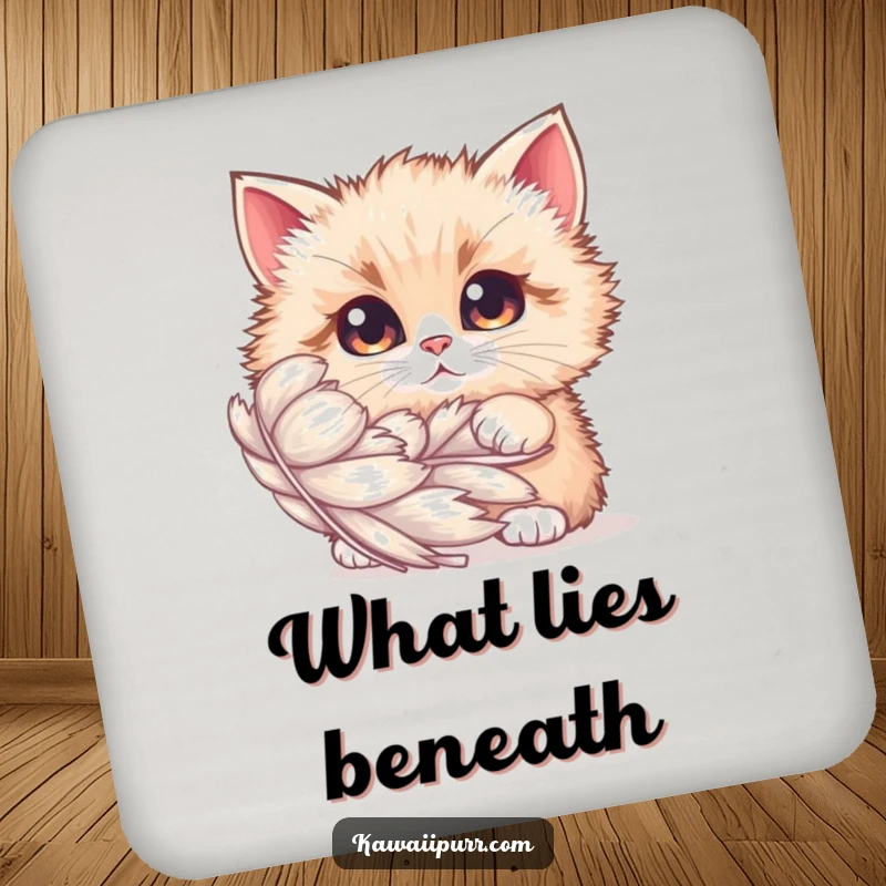 Funny Coasters: A fluffy cat with curious eyes peeking from behind a shimmering feather, protecting surfaces with playful charm.