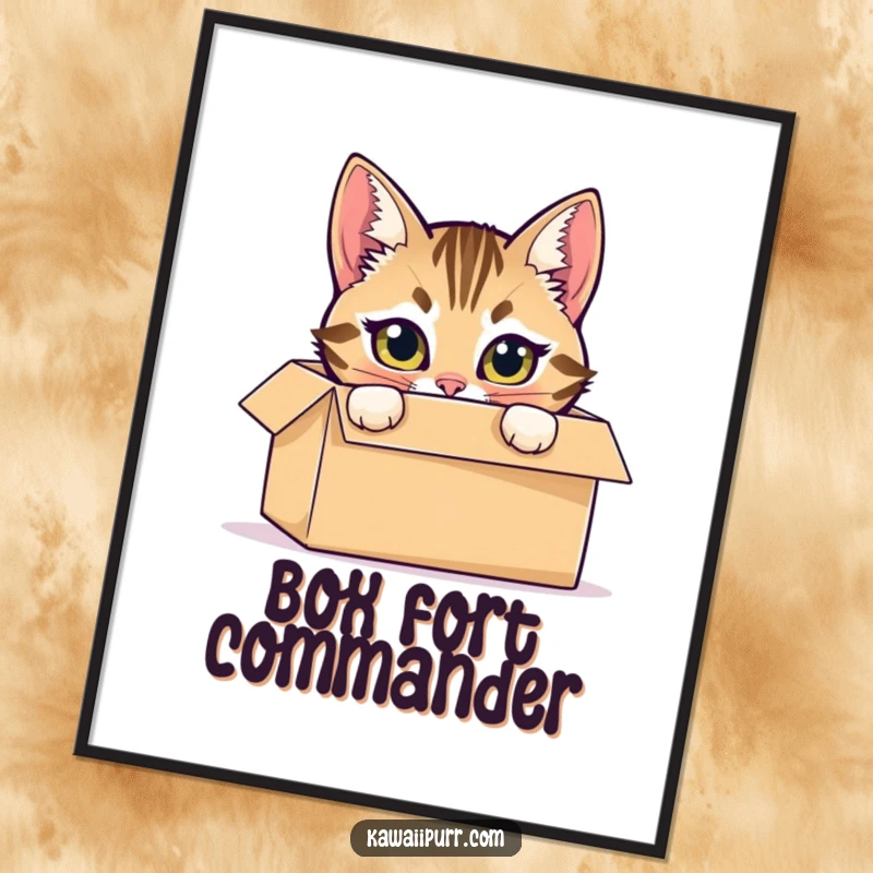 Funny poster print of a mischievous tabby cat hiding inside a cardboard box, peeking out with bright eyes.