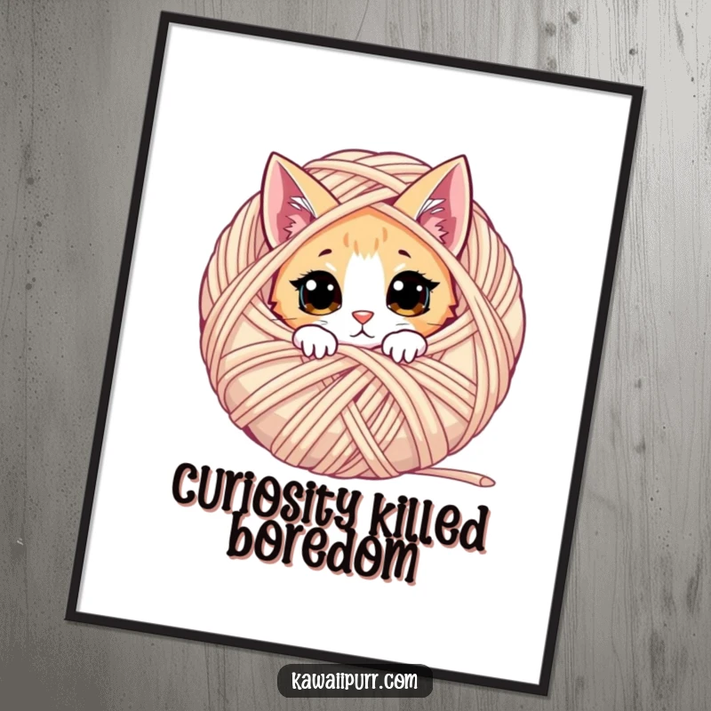 Funny poster art showing a curious cat peeking from behind a large ball of yarn, perfect for cat lovers.