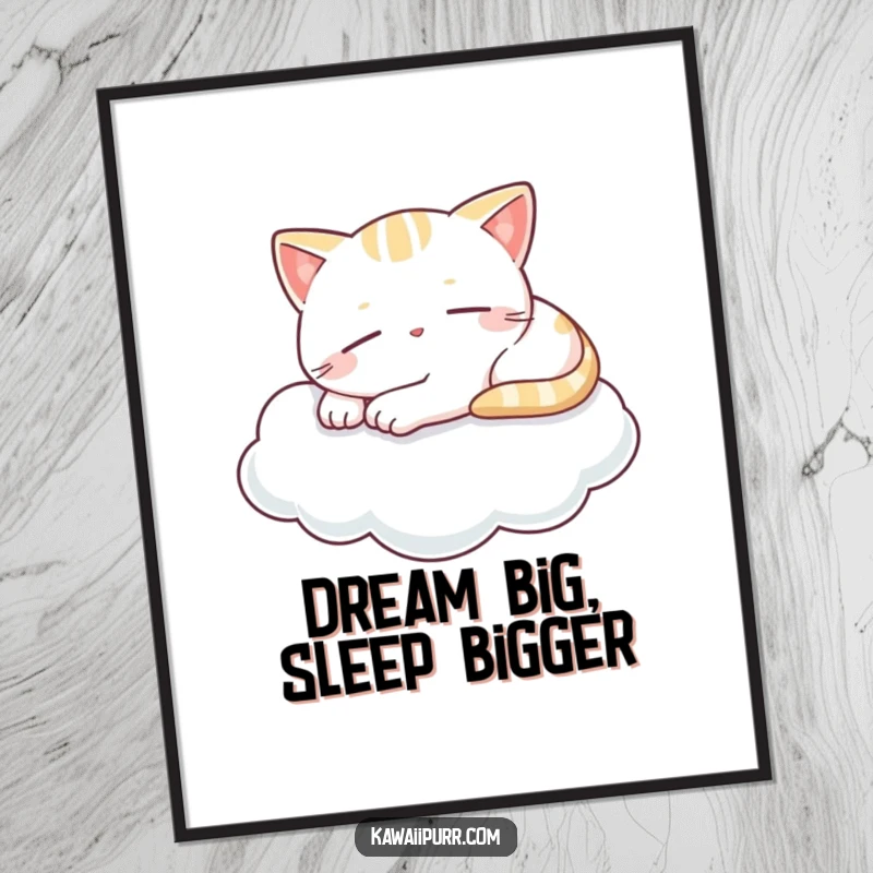 Funny poster of a kawaii cat napping peacefully on a cloud, with a subtle smile, bringing serene and humorous vibes to any room.