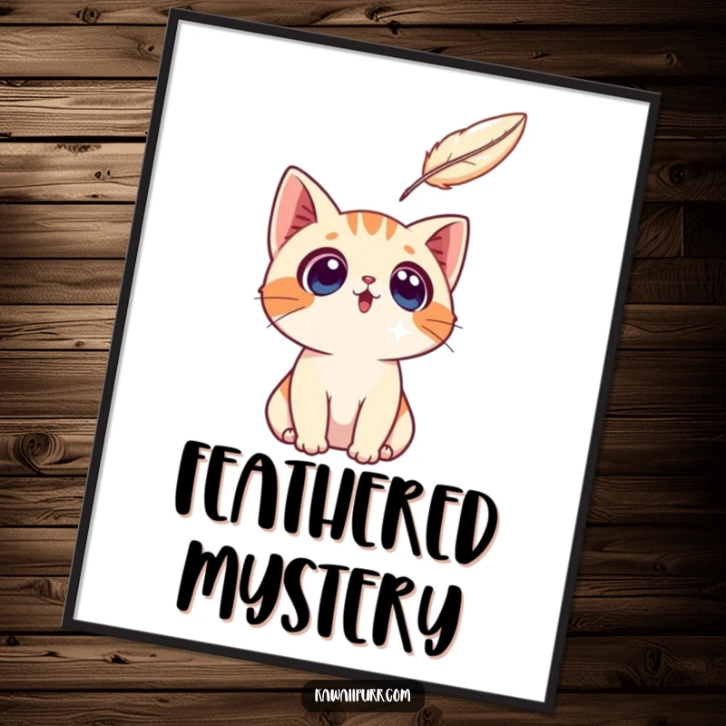 Funny illustration of a surprised cat character captivated by a floating feather, presented as a wall poster.