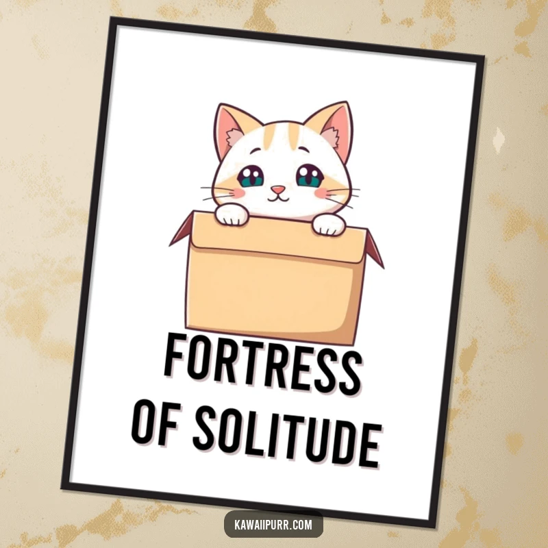 Funny Cat Poster, a cat looking curiously from inside a cardboard box, playful art.