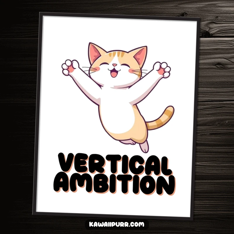 Funny Cat Leap Poster capturing a stylized illustration of a cat character in mid-air, executing a dramatic leap with paws outstretched.