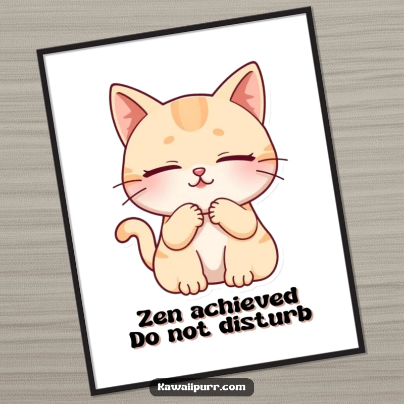 Funny cat character in a state of deep purring bliss with closed eyes, displayed as a charming poster.