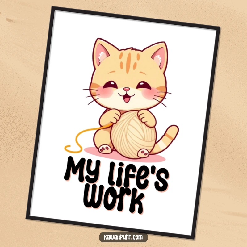 Funny Cat Poster, a comical cat wrestling with a massive ball of yarn, full of playful energy.