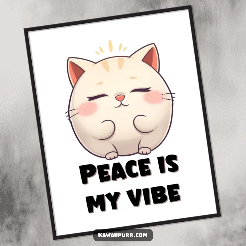 Funny Poster: Art print of a plump cat character with closed eyes, radiating a soft, vibrating aura of calm.