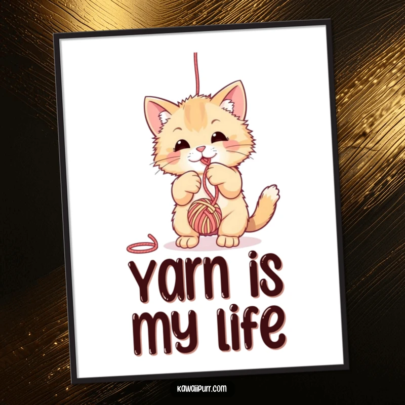 Funny fuzzy cat poster, captured mid-play, batting at a dangling ball of yarn with sheer delight and enthusiasm.