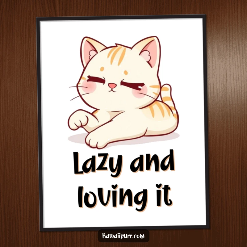 Funny poster of a kawaii cat stretching languidly, giving a mischievous wink, adding playful humor and relaxed charm to any room.