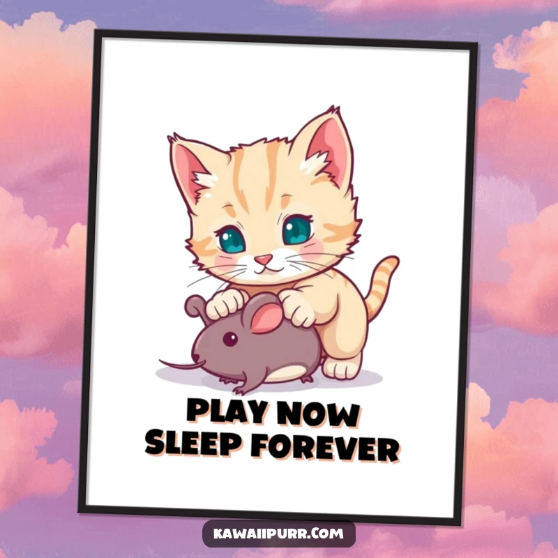 Funny kitten character captured mid-pounce on a toy mouse, a dynamic and humorous illustration perfect for wall art, a funny gift.