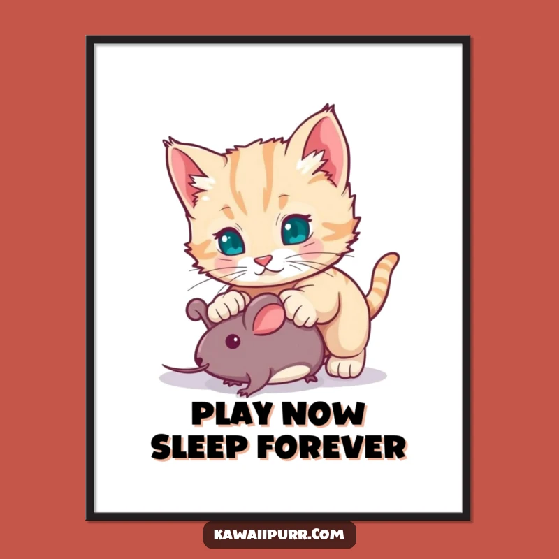 Funny Kitten Pouncing Poster: Whimsical Cat Character Toy Mouse Art Gift