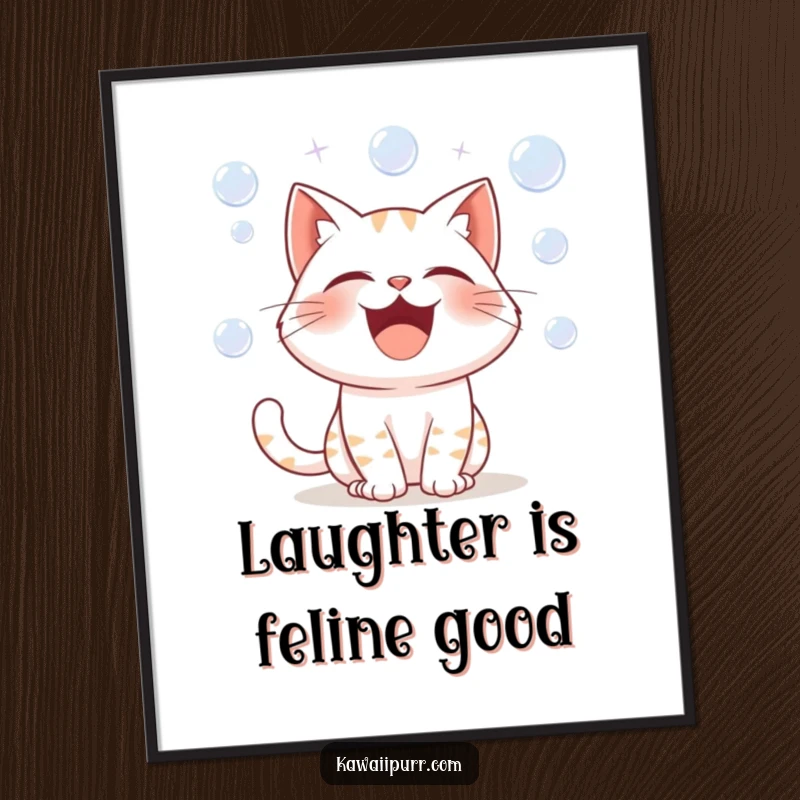 Funny poster print of a cartoon cat character depicted in a state of uproarious laughter, with playful bubbles encircling its ecstatic face.