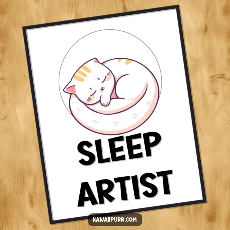 Funny sleeping cat poster with a character curled in a perfect circle with snoozing lines, creating a peaceful and visually calming art piece.
