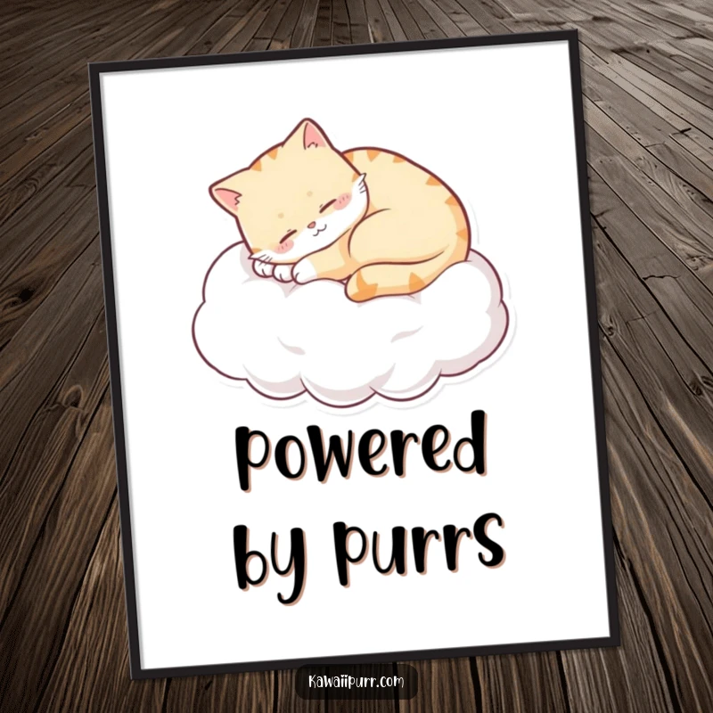 Funny sleepy cat curled on a cloud, purring with a content smile, as a humorous wall poster. Serene and artistic feline design.