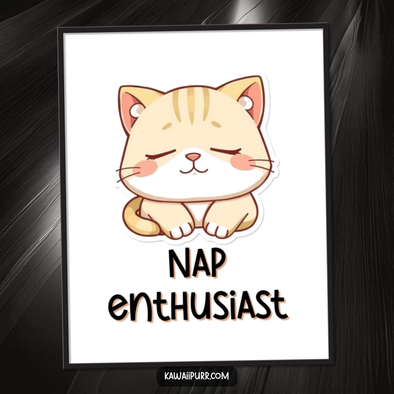 Funny poster art of a sleepy cat character dozing peacefully with a very contented smile. Evokes calm and happiness.