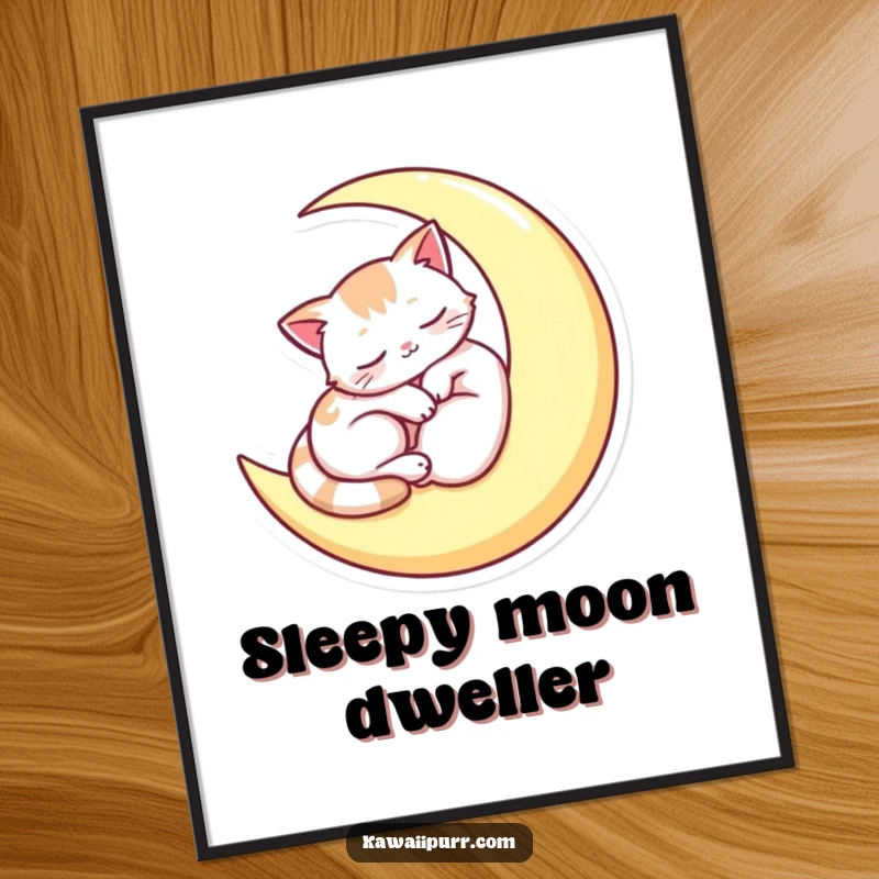 Funny poster depicting a sleepy cat peacefully napping on a crescent moon, perfect for adding a serene and whimsical touch to decor.