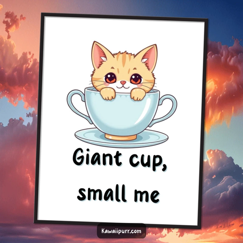 Funny kawaii cat with curious eyes peeking from behind a large teacup, creating charming and humorous wall decor.