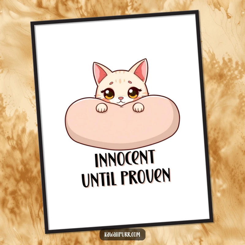 Funny cat poster with an innocent cat peeking from behind a cushion, wide eyes and a blush creating a charming and visually appealing art piece.