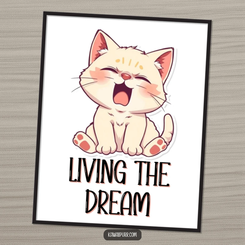 Funny Kitten Character stretching lazily with a yawn on a poster, embodying ultimate relaxation and sleepy cuteness.