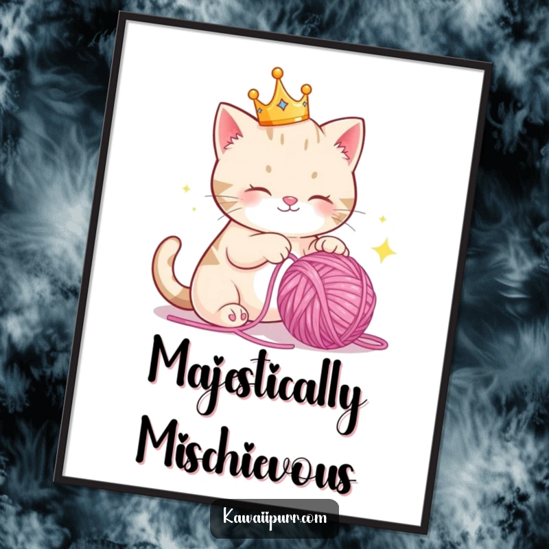 Funny Poster: A charming cat wearing a tiny crown, batting playfully at a ball of yarn that sparkles with glee.