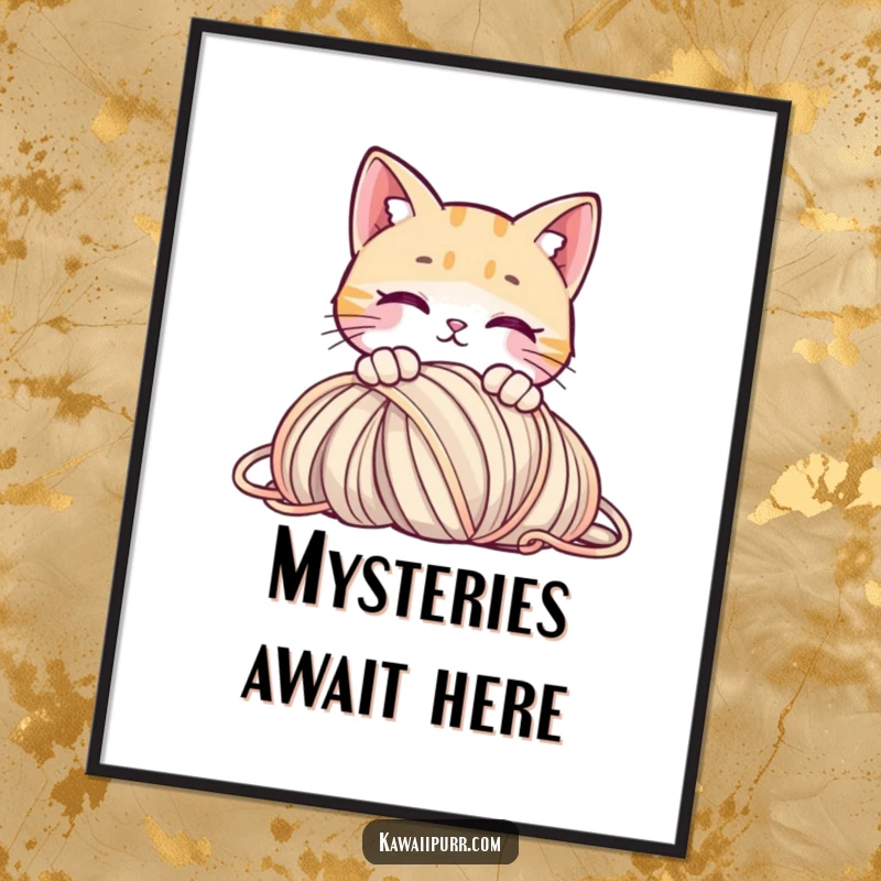 Funny poster of a curious cat peeking over yarn, symbolizing playful exploration and charm.