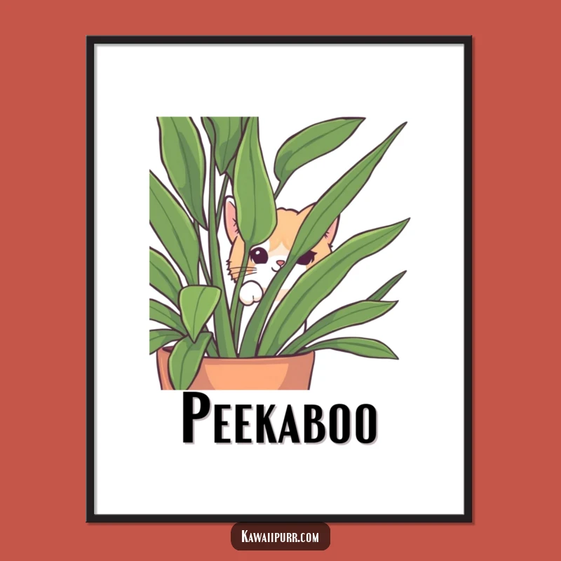 Funny Peek-a-Boo Cat Poster: Whimsical Houseplant Art, Charming Funny Gift