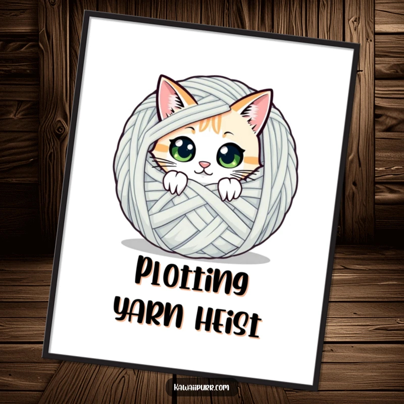 Funny poster of a cat character peeking with wide eyes from behind a giant ball of yarn, embodying playful curiosity.
