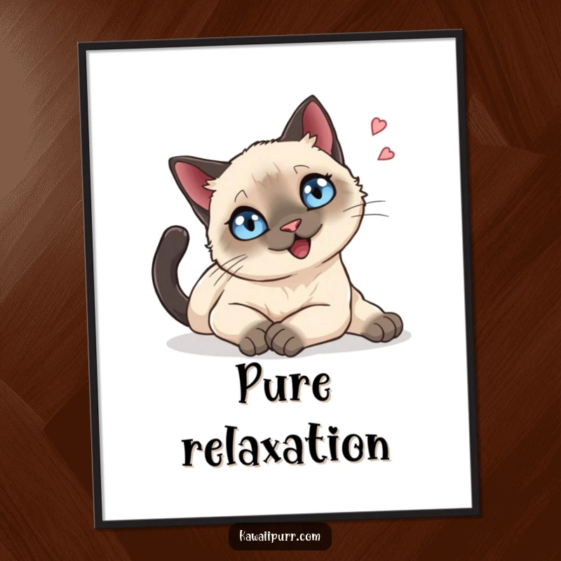 Funny Poster: A Siamese cat with sparkling blue eyes stretching languidly, exuding a peaceful and happy sigh.