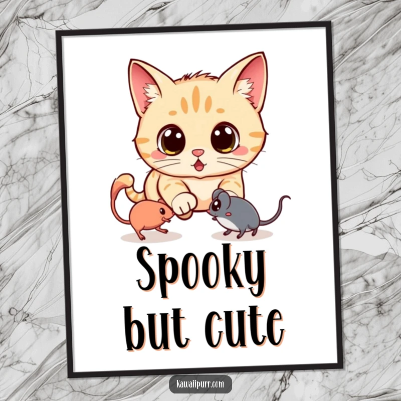 Funny poster featuring a kawaii cat with wide, surprised eyes, comically chasing a faint spectral mouse, bringing playful spookiness to any room.