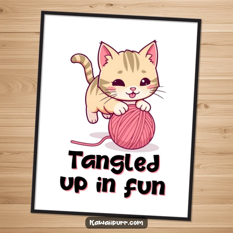 Funny playful cat with a twitching tail, pouncing on a rolling ball of yarn, as a wall poster. Lively, humorous, and action-oriented feline art.