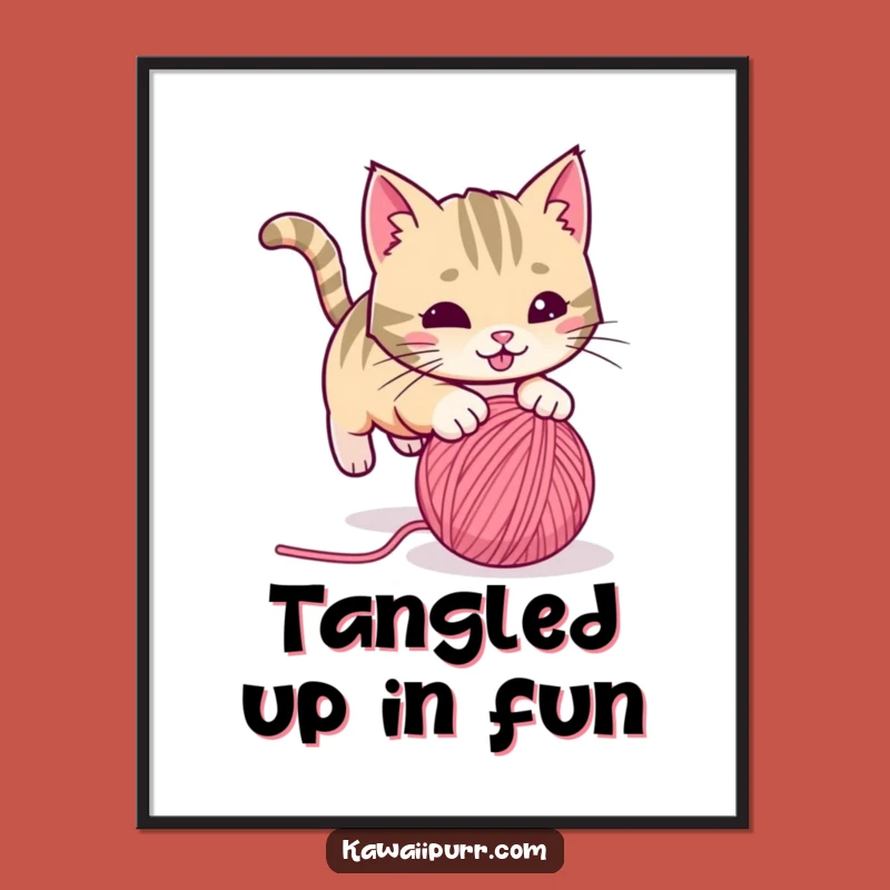 Funny Playful Cat Yarn Poster Dynamic Feline Action for Lively Spaces Funny Gift Decor