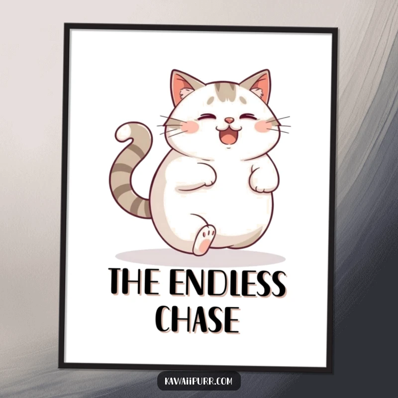 Funny Poster: A plump cat joyfully chasing its own tail with an expression of delighted confusion, capturing playful energy.