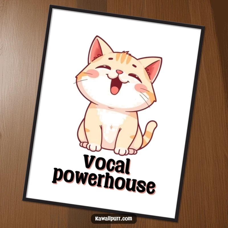 Funny Cat Poster: A delightful print of a cartoon cat happily meowing upwards, mouth agape, ears perked with joy.