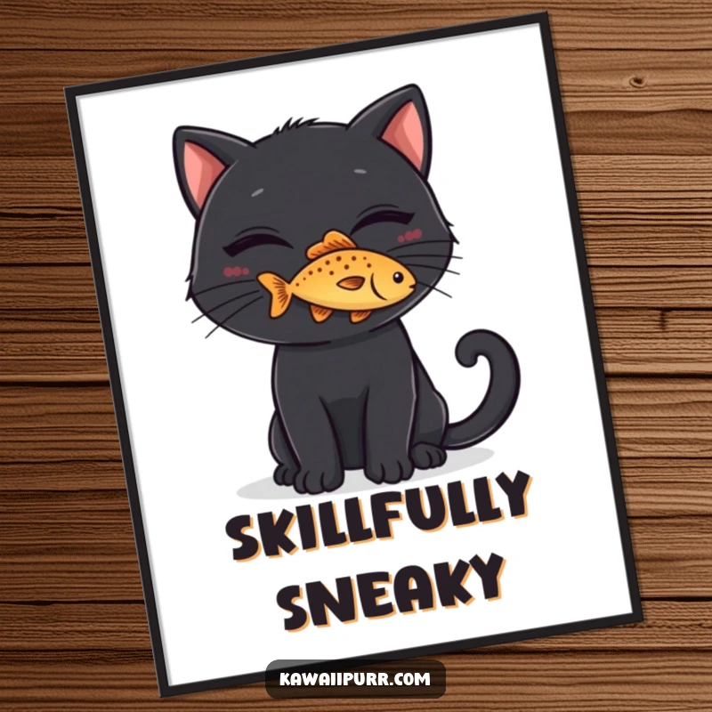 Funny Poster: A black cat with a mischievous grin balancing a tiny fish on its nose, embodying playful cunning.