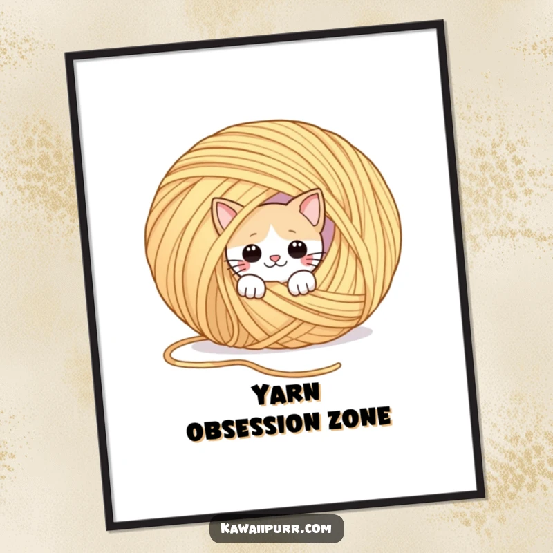 Funny poster art of a playful cat peeking from behind a huge, floating ball of yarn. Invites interaction and fun.
