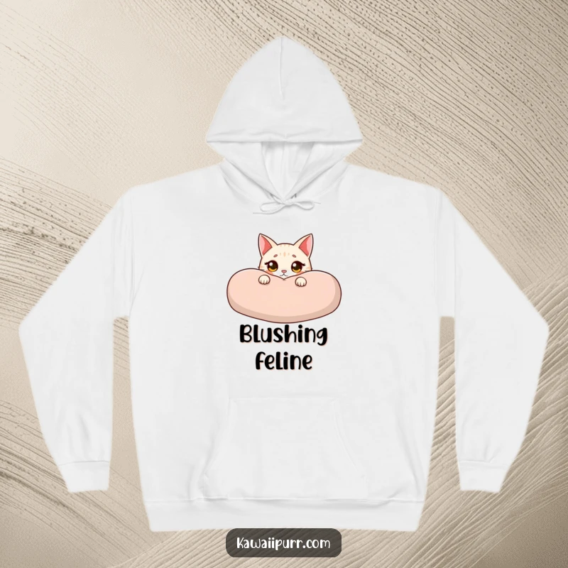 Funny cat hoodie showing an innocent cat peeking from behind a cushion, wide eyes and a blush creating an irresistibly cute and humorous design.