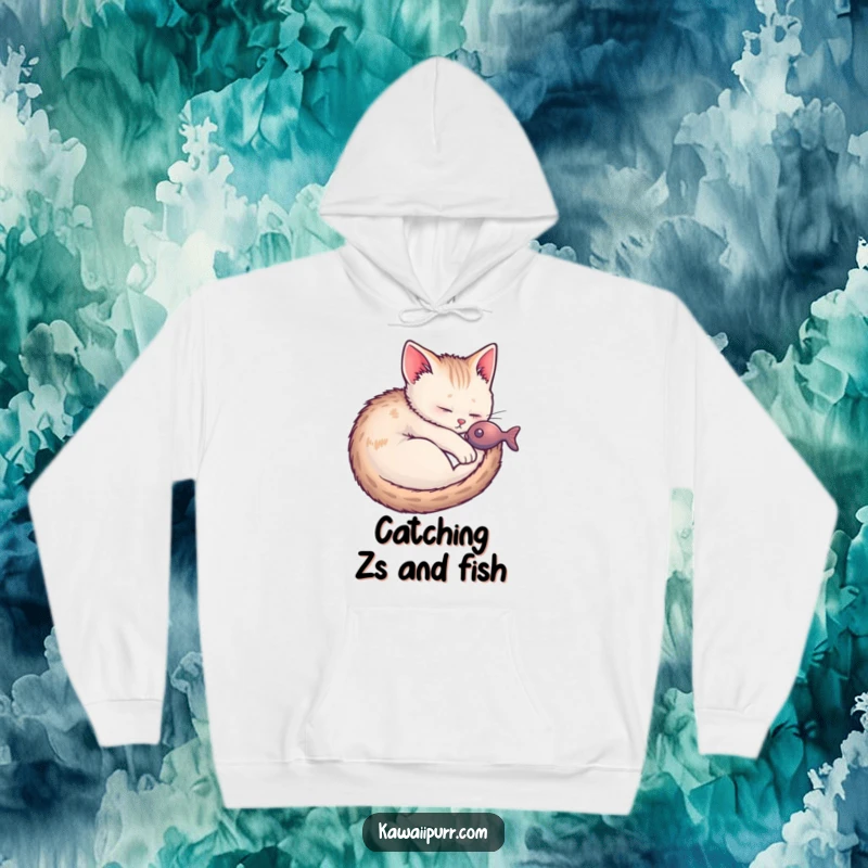 Funny Kitten Fish Dream Hoodie featuring a cute, sleeping kitten lost in dreams of delicious fish.