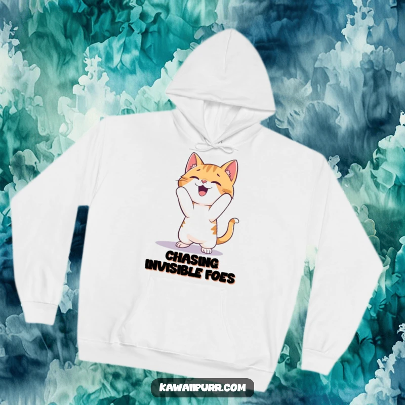 Funny Cat Hoodie: A cartoon cat in mid-air, gleefully pouncing on a dancing shadow with immense playful excitement.