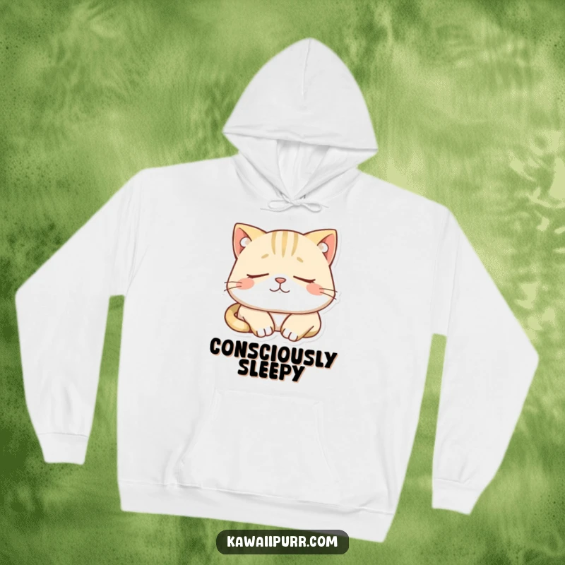 Funny hoodie with a peacefully dozing cat character, sporting a blissfully contented smile. Symbolizes ultimate relaxation.