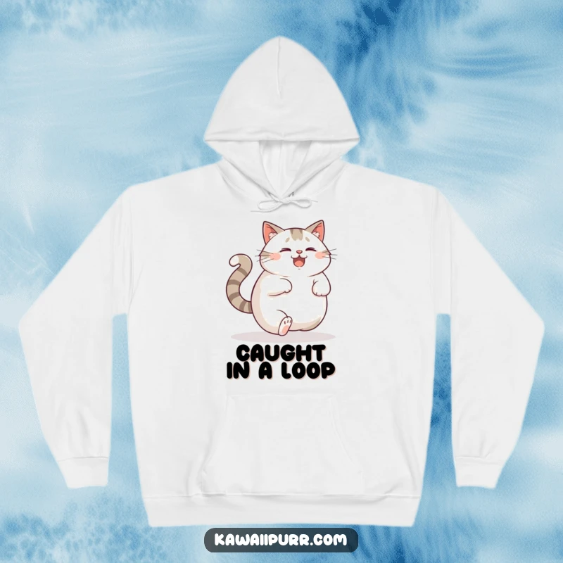 Funny Hoodie: A plump cat comically chasing its own tail with a look of delighted confusion, perfect for lounging.