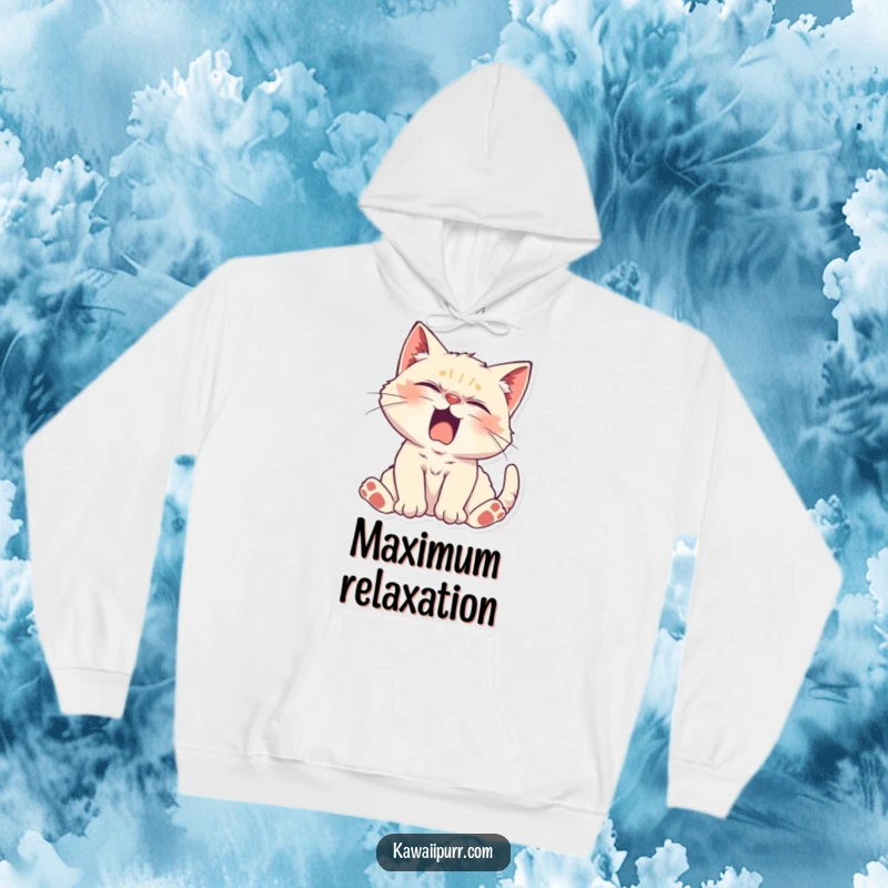 Funny Kitten Character stretching lazily with a yawn on a warm hoodie, offering ultimate coziness and sleepy vibes.