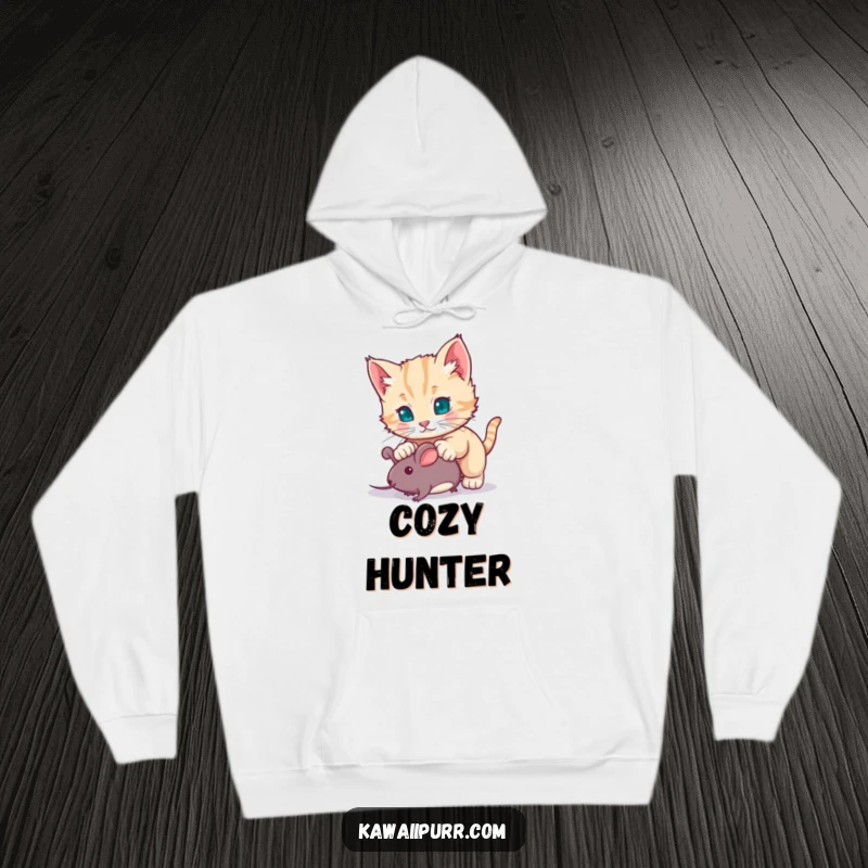 Funny kitten character mid-pounce on a toy mouse, radiating playful joy on a soft hoodie, ideal for cozy cat enthusiasts.